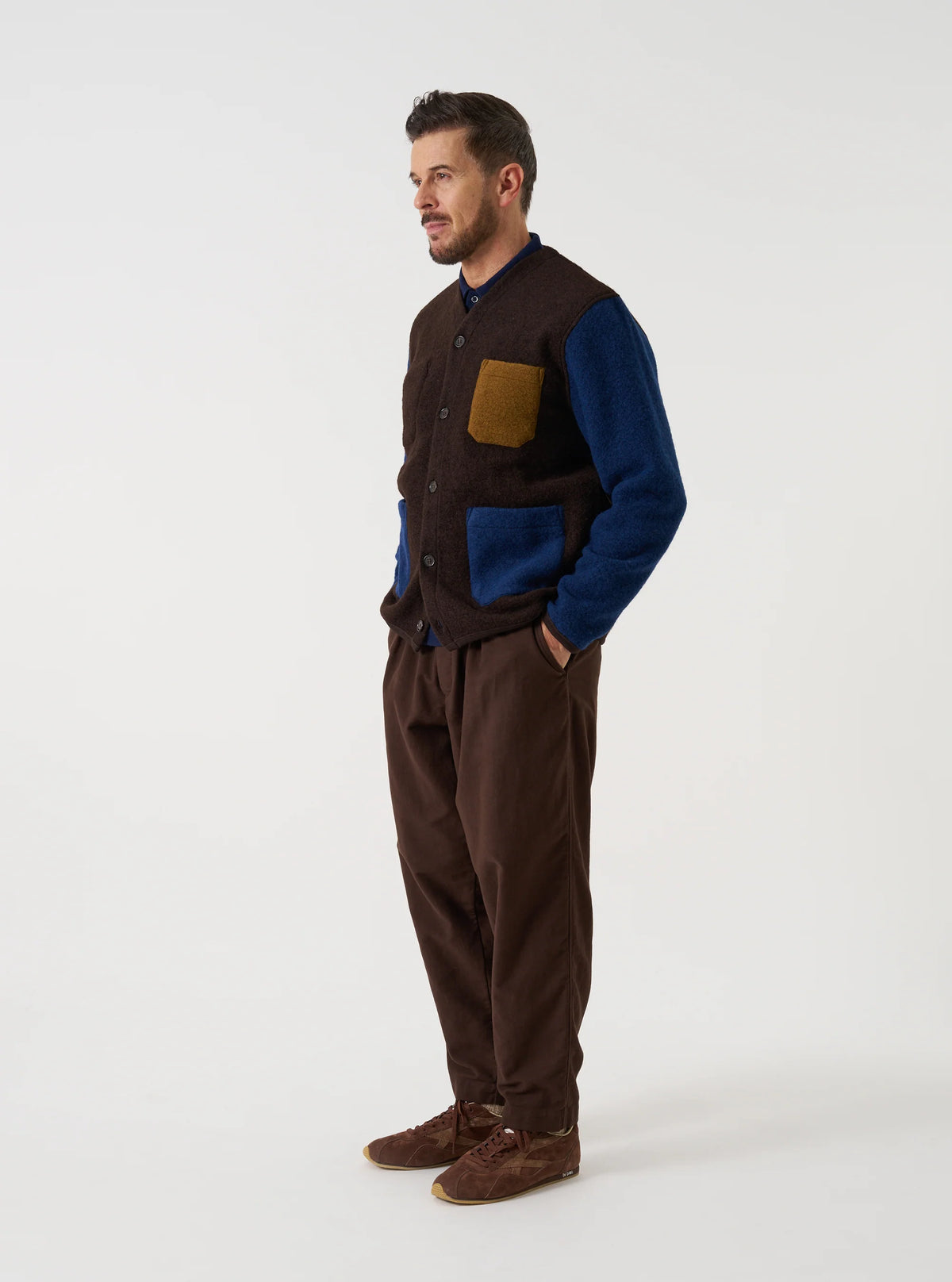 Universal Works Wool Fleece Cardigan Brown/Indigo
