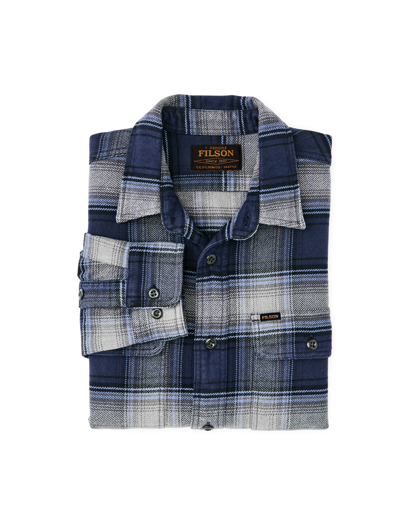 Filson Vintage Flannel Work Shirt Light Blue Navy Plaid