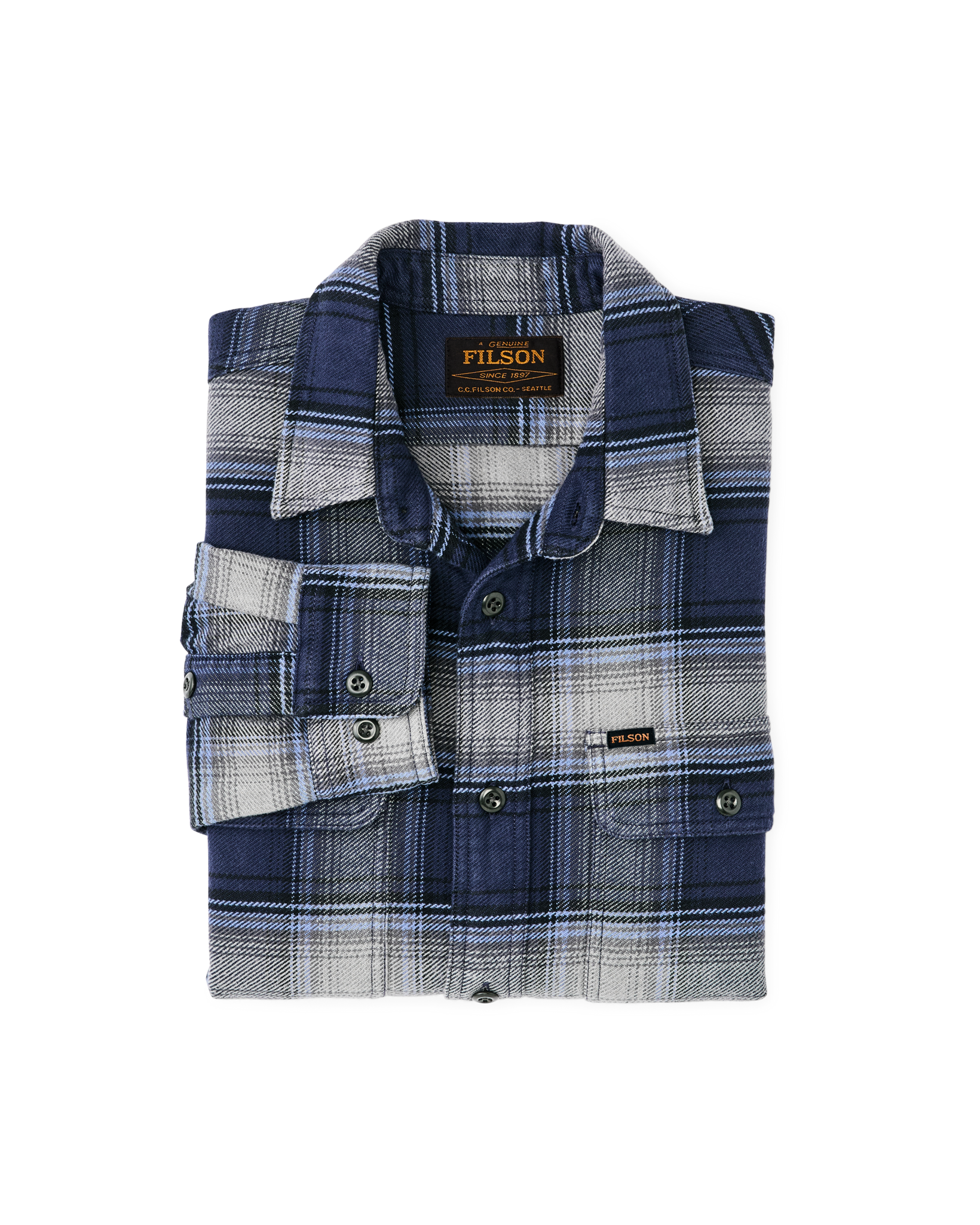 Filson Vintage Flannel Work Shirt Light Blue Navy Plaid