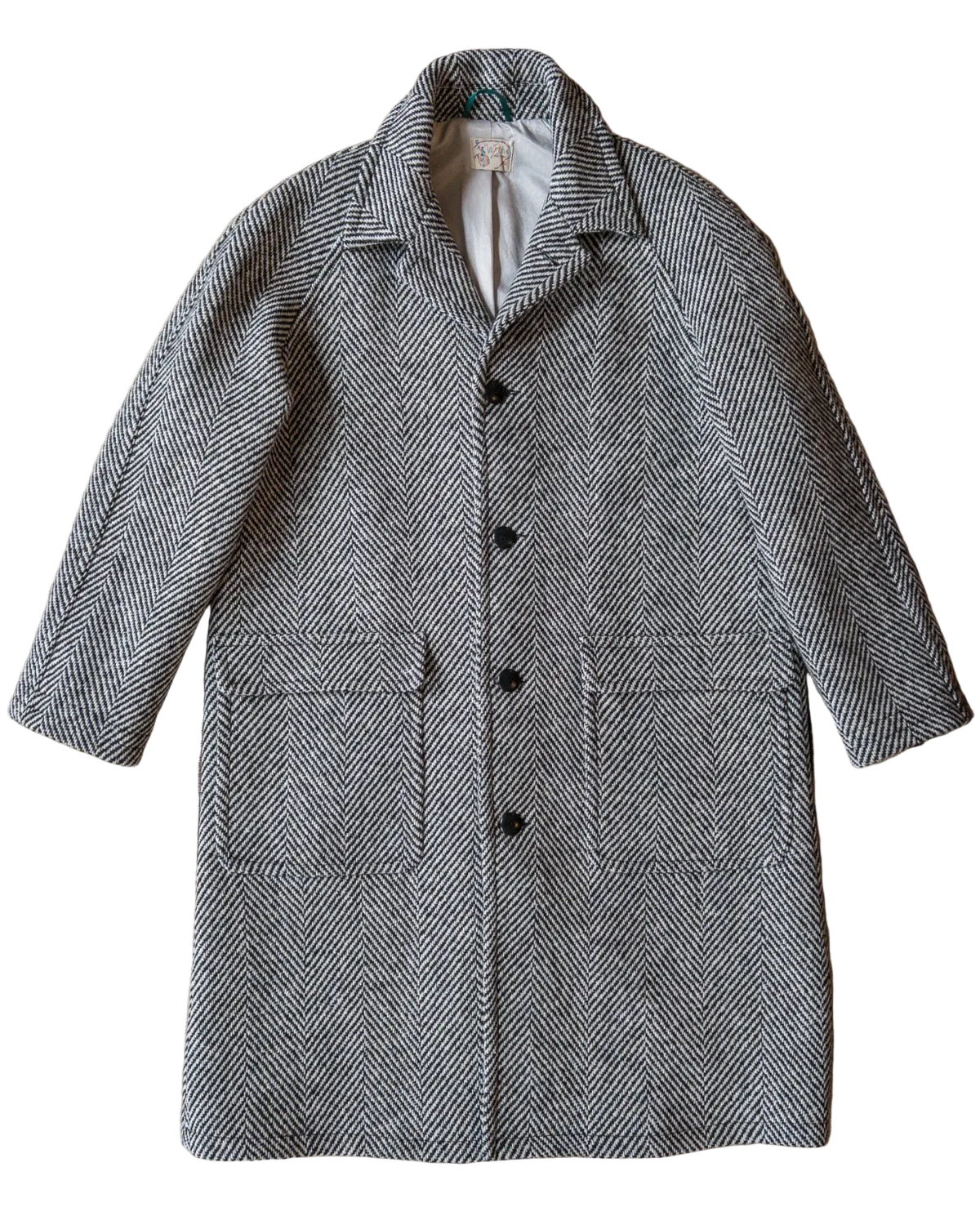 Wythe Raglan Overcoat Black Cream Herringbone
