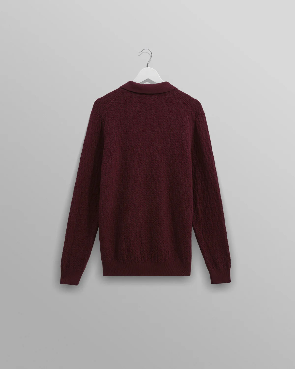 Wax London Oban - Burgundy Textured-Check Knitted Long Sleeve Polo Shirt