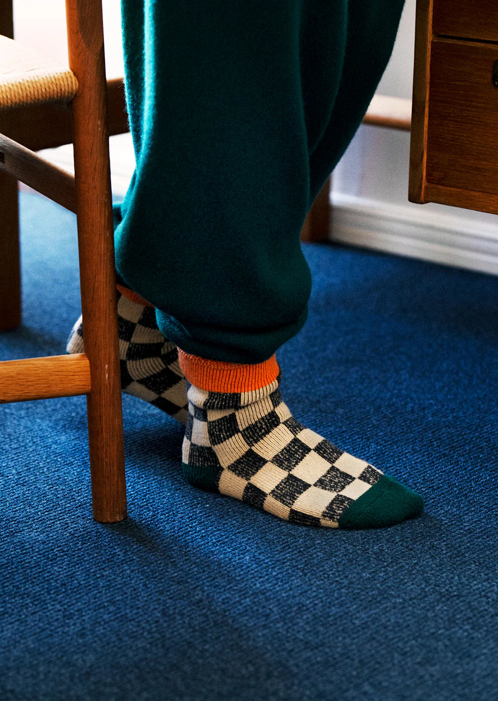 ROTOTO Pile Room Socks Checkerboard Orange/Dark Green