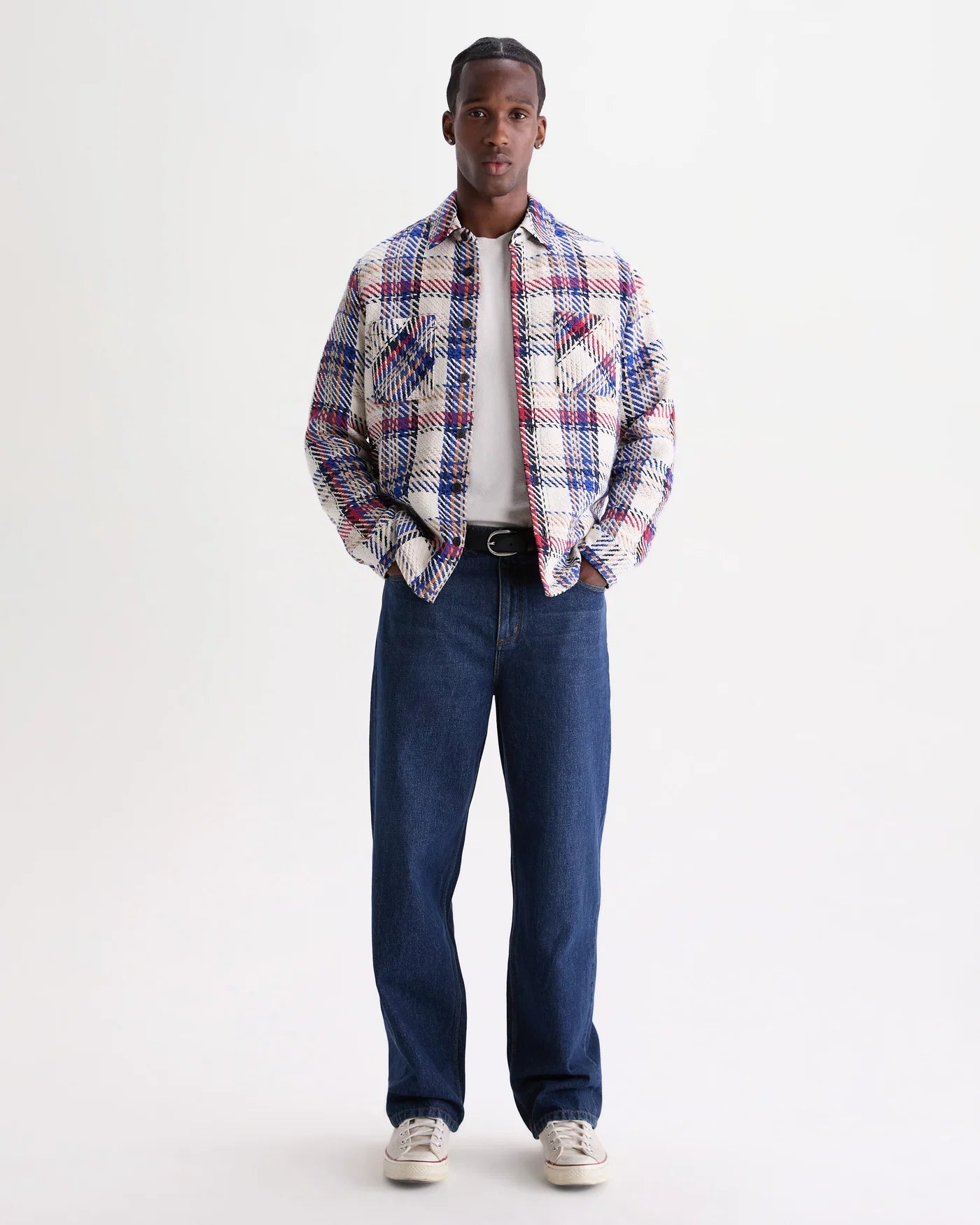 Wax London Whiting Overshirt Ecru And Red Jazz Weave Check