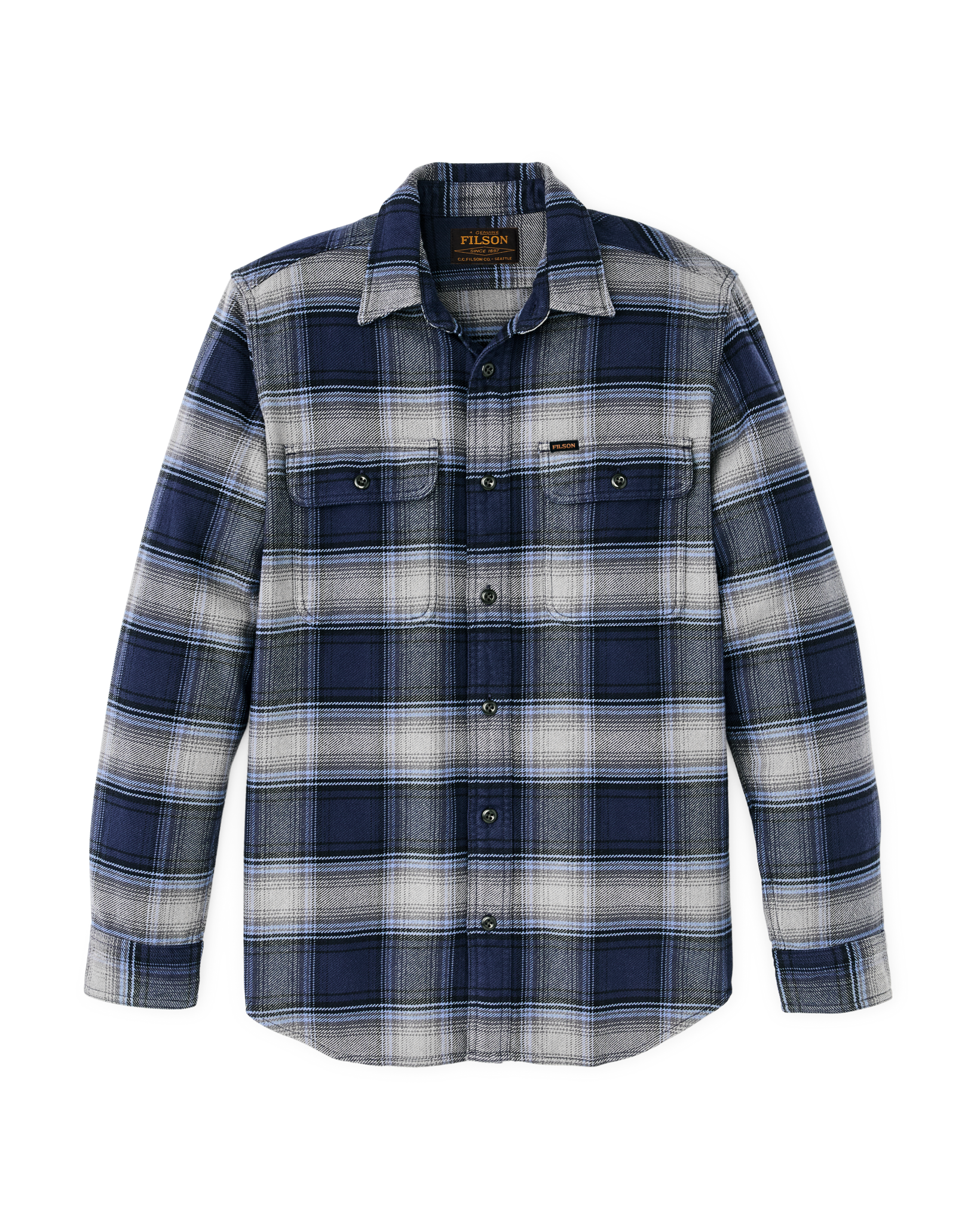 Filson Vintage Flannel Work Shirt Light Blue Navy Plaid