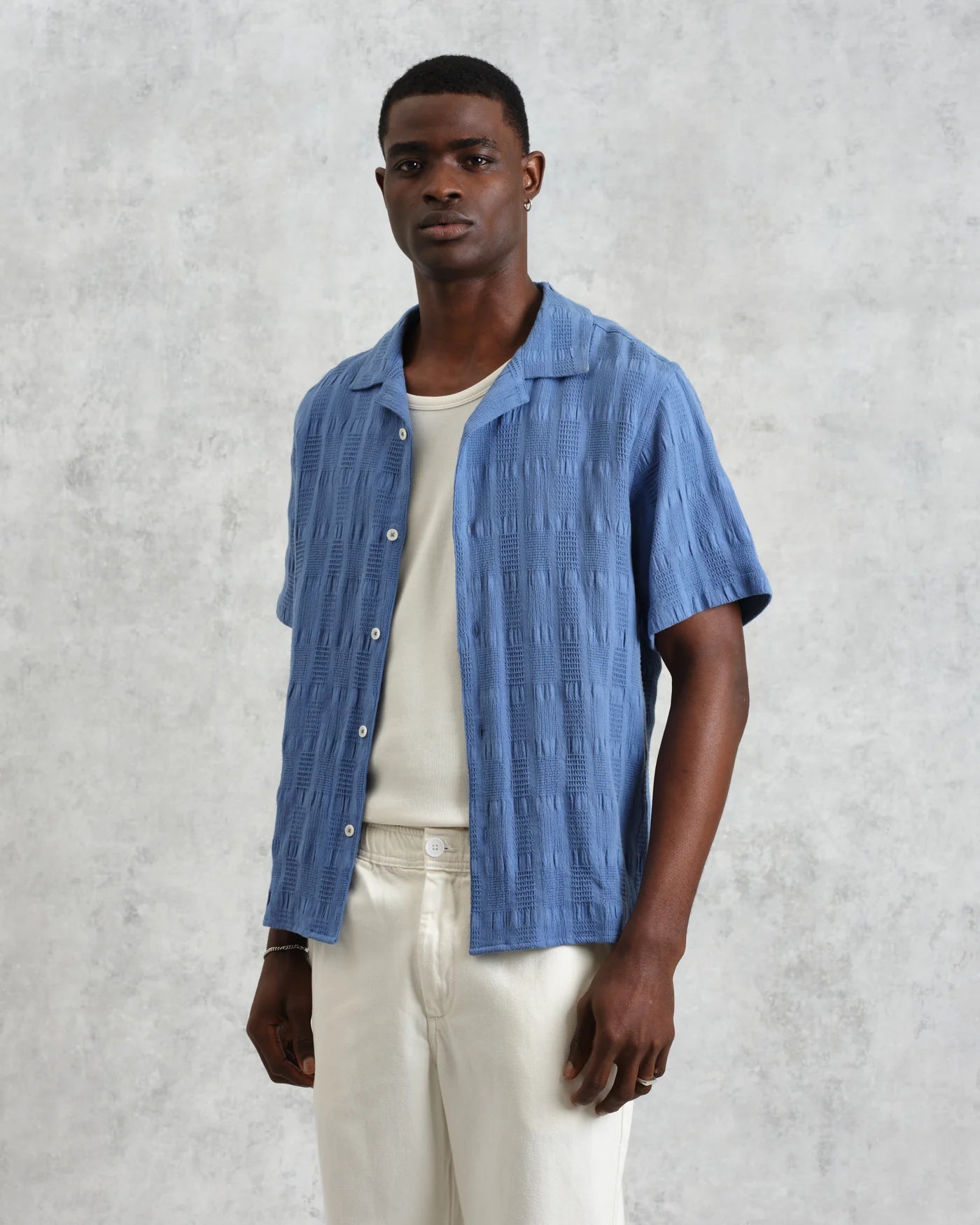 Wax London Didcot Mid-Blue Seersucker Short Sleeve