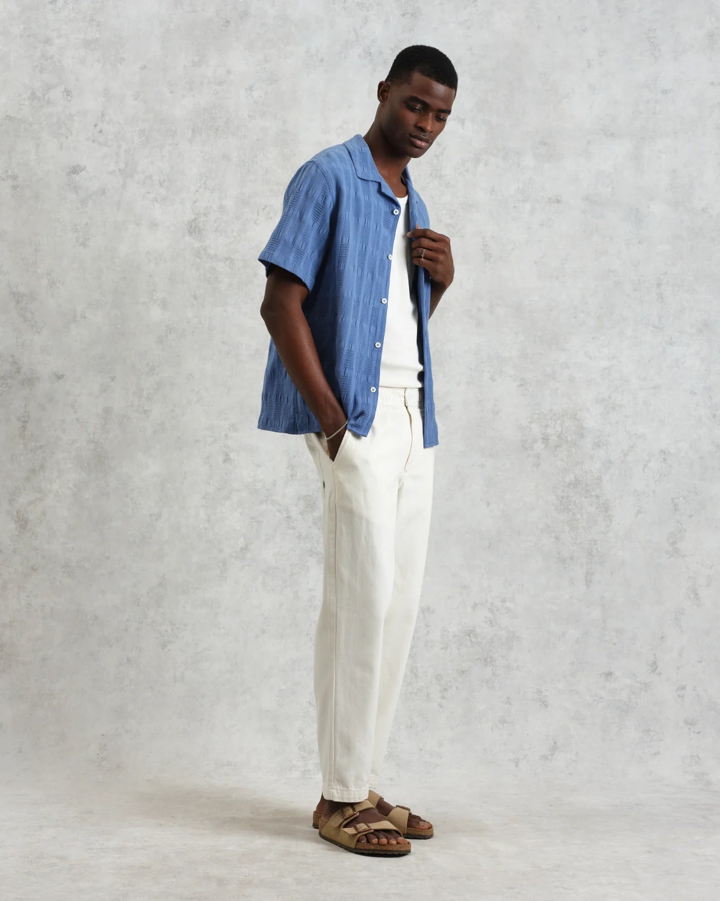 Wax London Didcot Mid-Blue Seersucker Short Sleeve