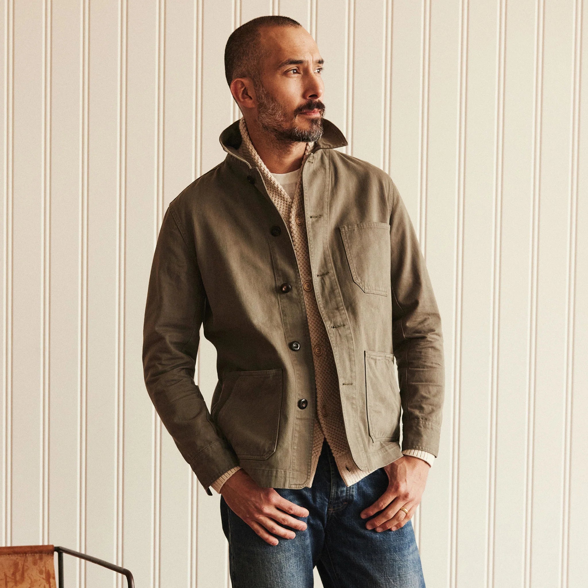 Taylor Stitch The Ojai Chore Coat in Smoked Olive Foundation Twill