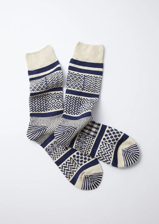 ROTOTO Multi Jacquard Crew Socks Ivory/Navy
