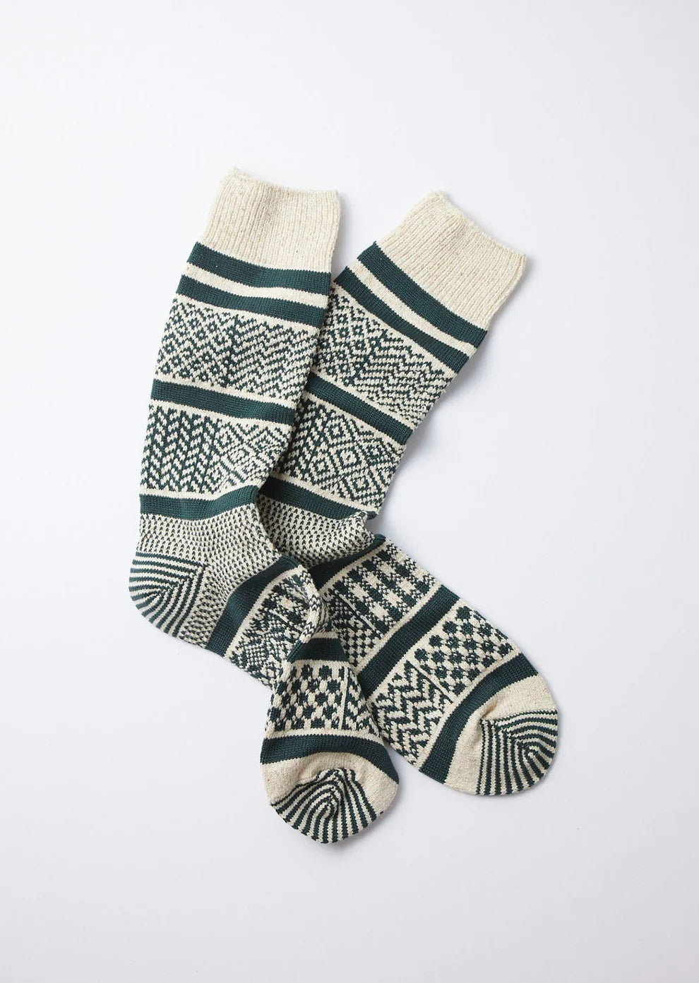 ROTOTO Multi Jacquard Crew Socks Ivory/Dark Green