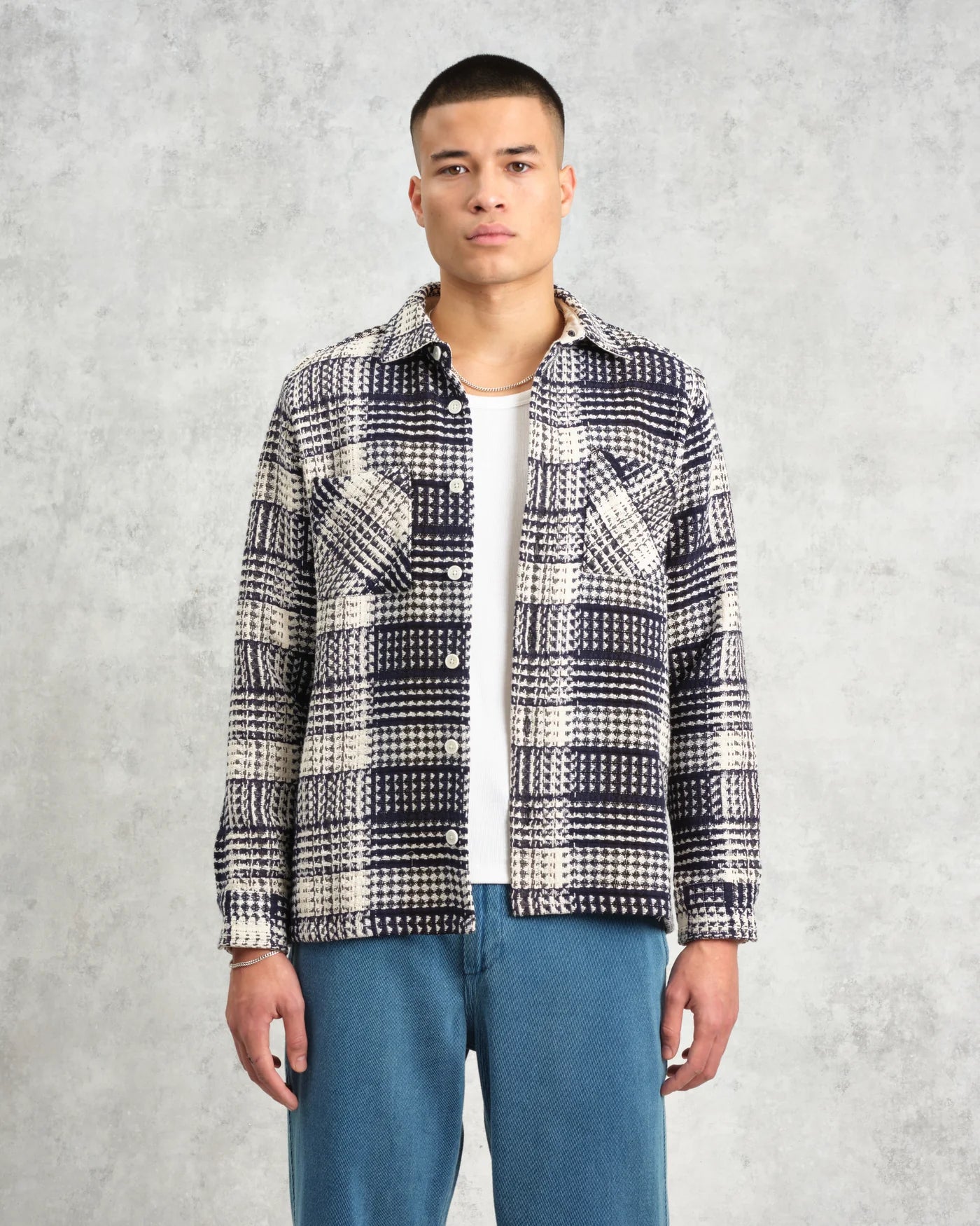 Wax London Whiting Overshirt Navy and Ecru Addle Check
