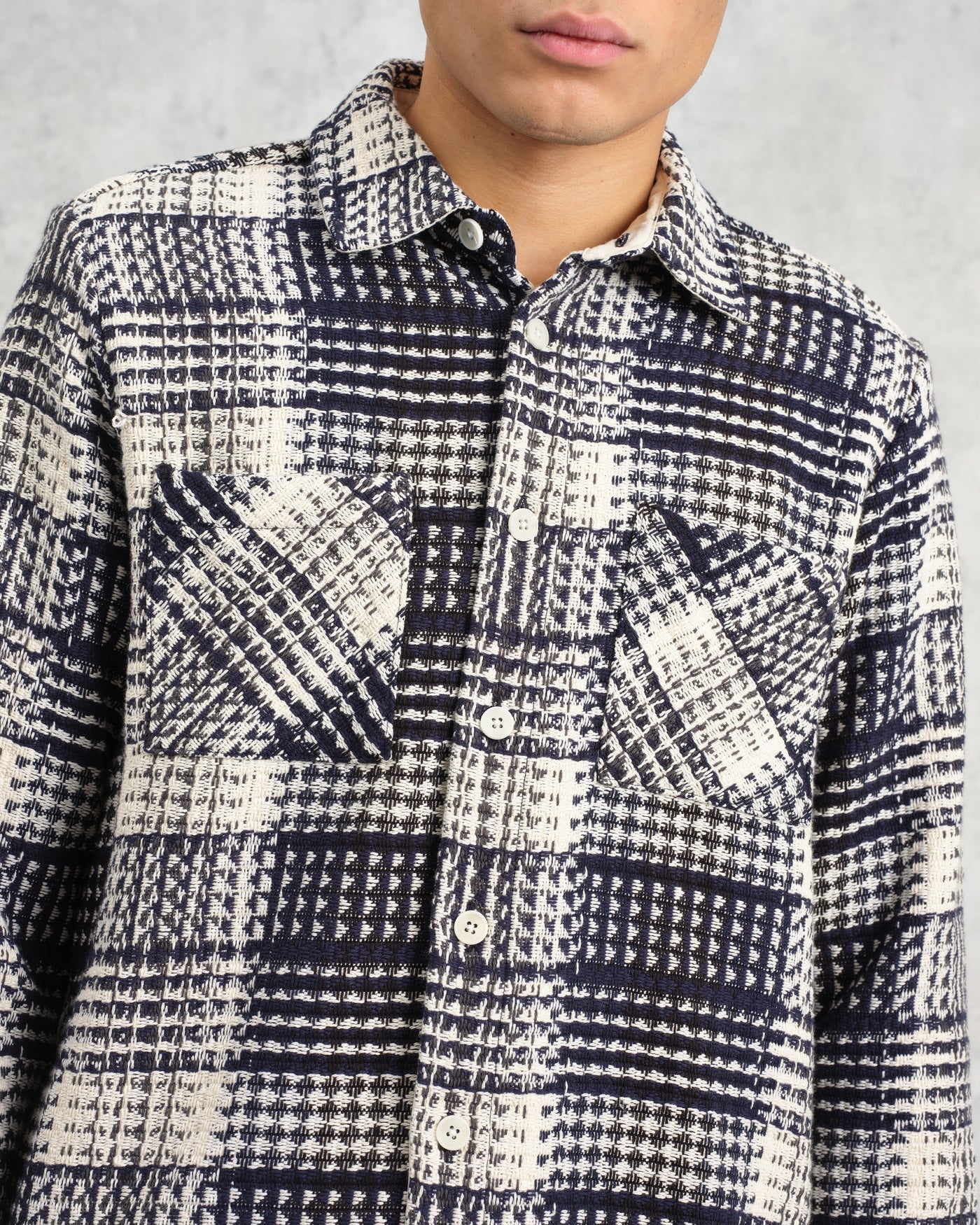 Wax London Whiting Overshirt Navy and Ecru Addle Check