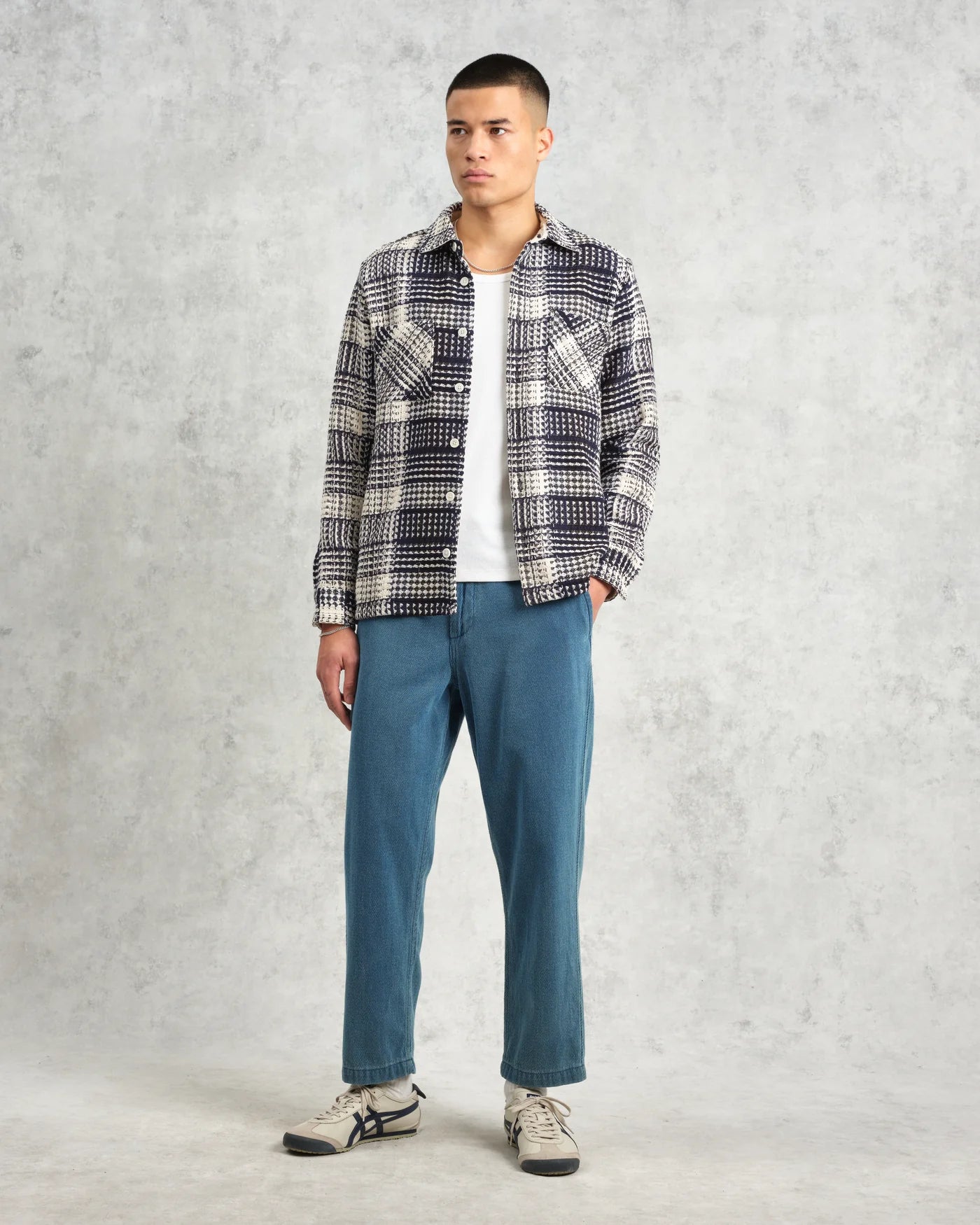 Wax London Whiting Overshirt Navy and Ecru Addle Check