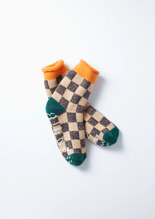 ROTOTO Pile Room Socks Checkerboard Orange/Dark Green