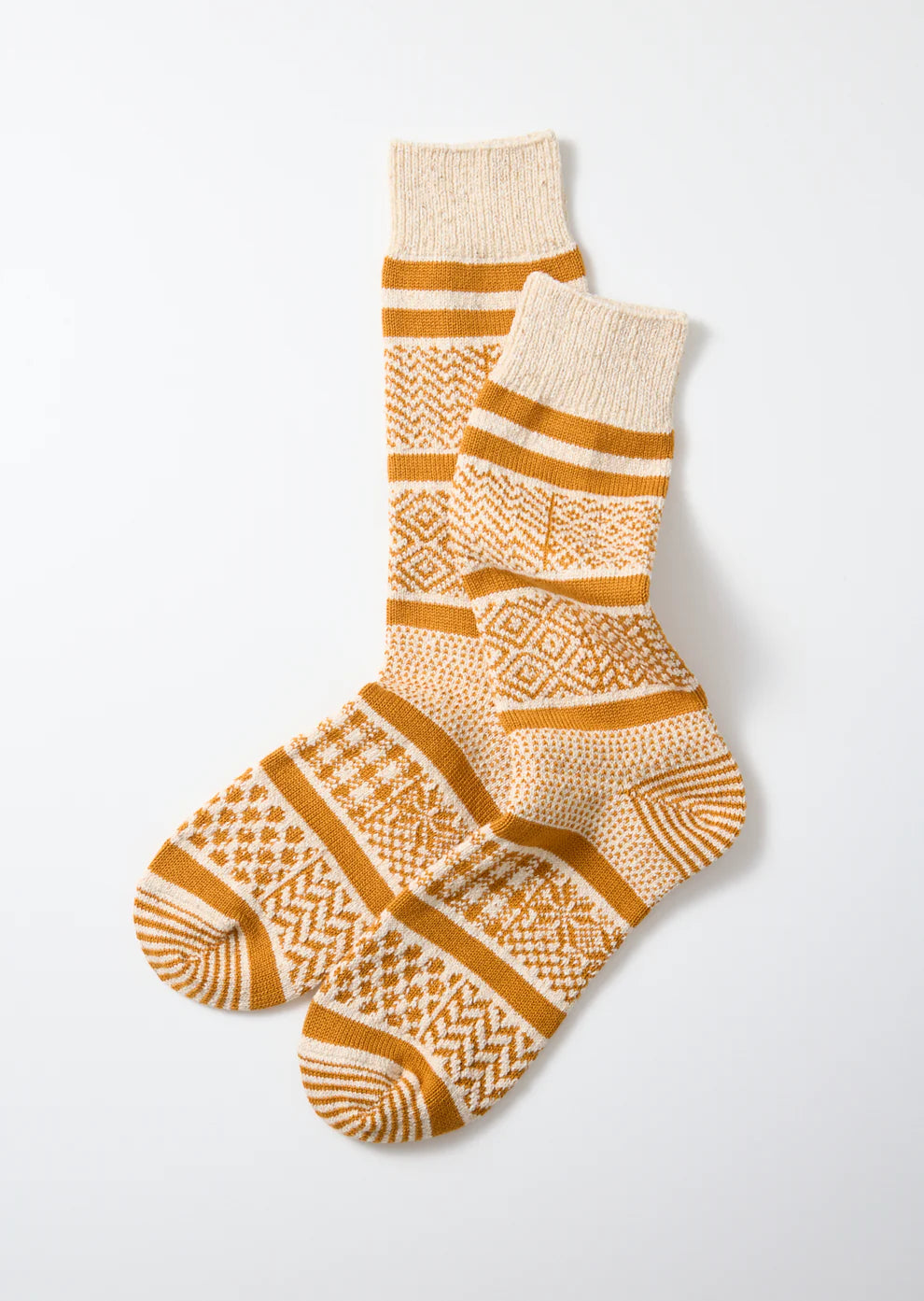 ROTOTO Multi Jacquard Crew Socks Ivory/Gold
