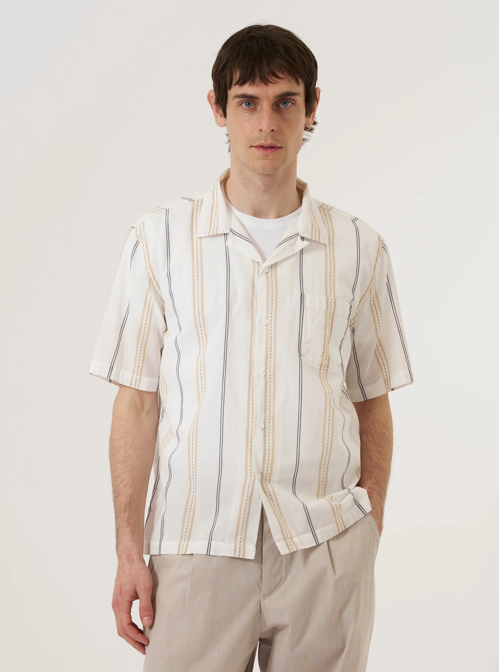 Universal Works Ecru/Navy/Sand Stripe Road Shirt