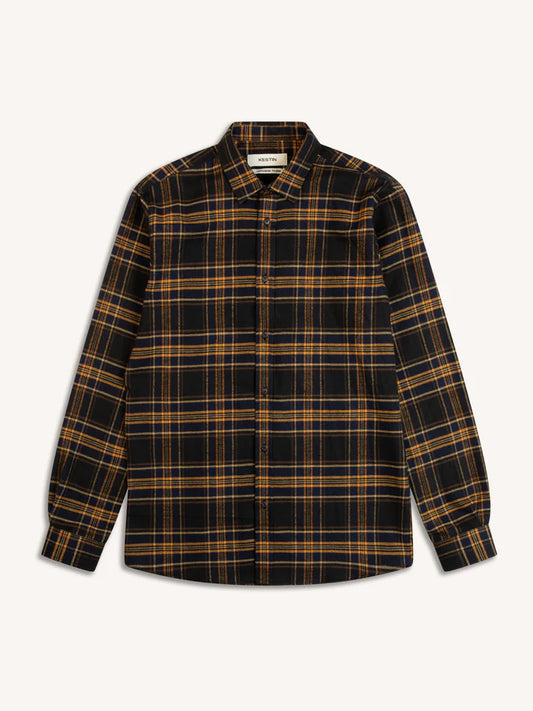 Kestin Dirleton Shirt In Navy / Saffron Check Japanese Brushed Plaid