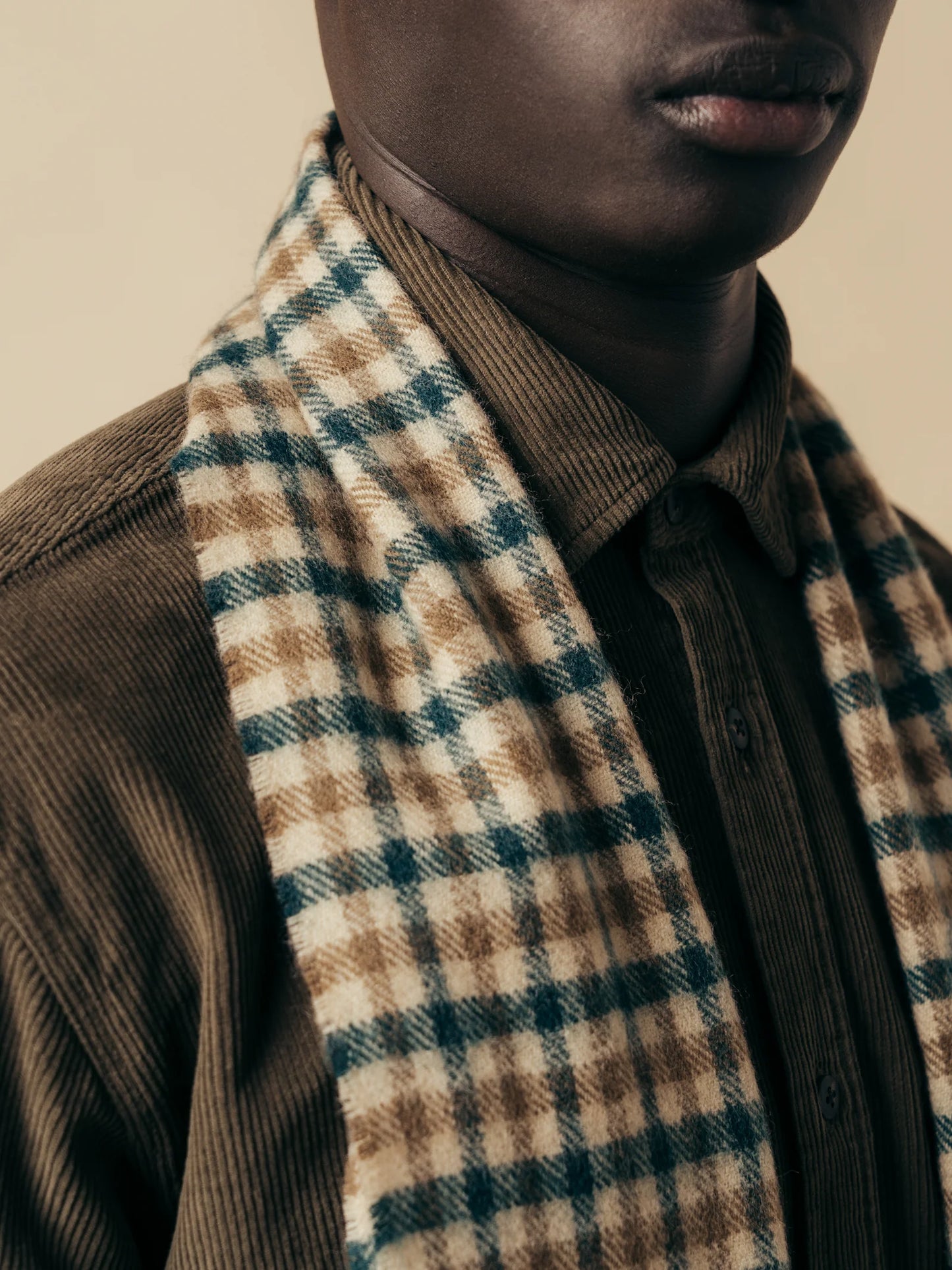Kestin Selkirk Scarf in Pine / Tan Check Lambswool