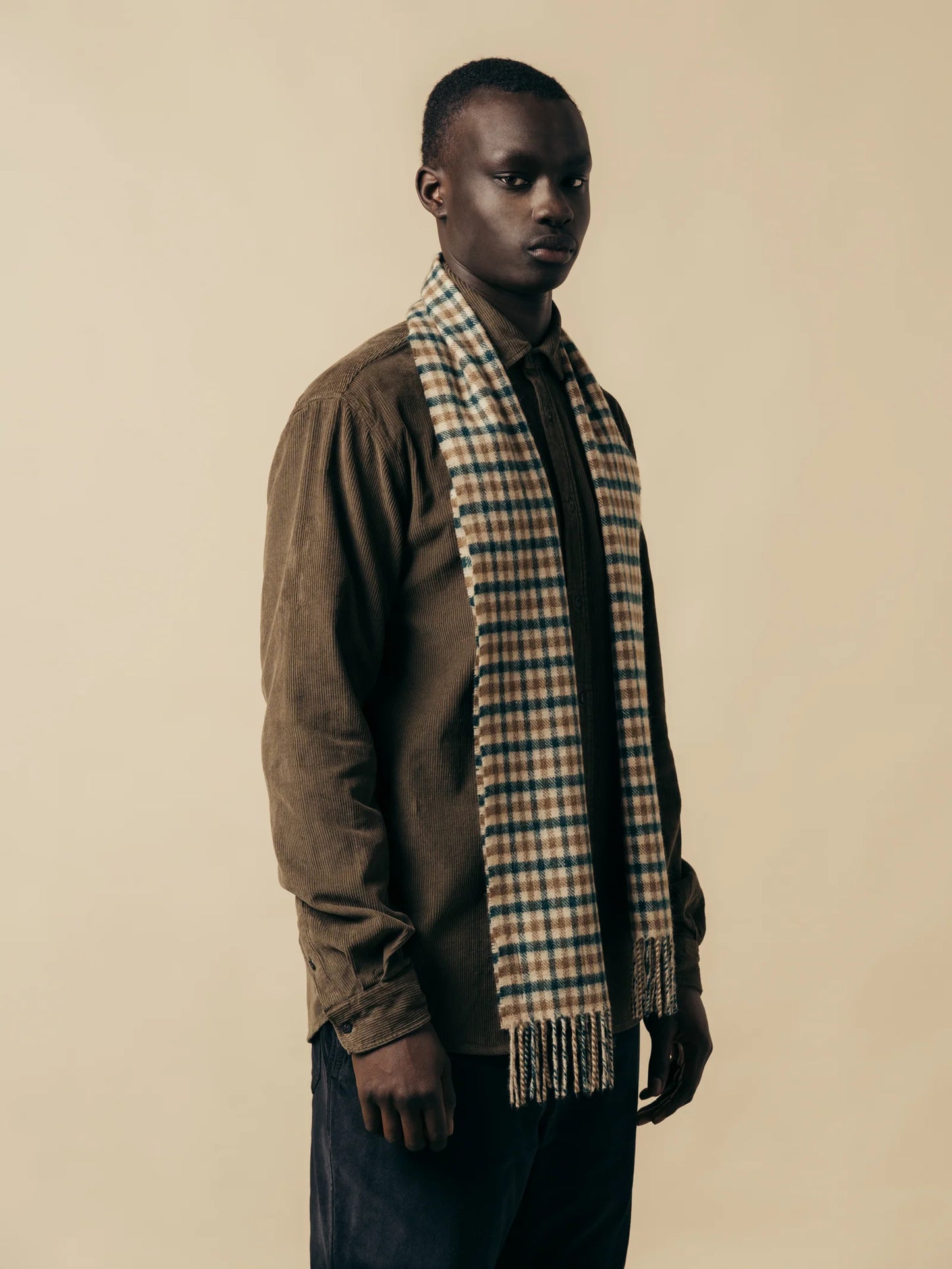 Kestin Selkirk Scarf in Pine / Tan Check Lambswool