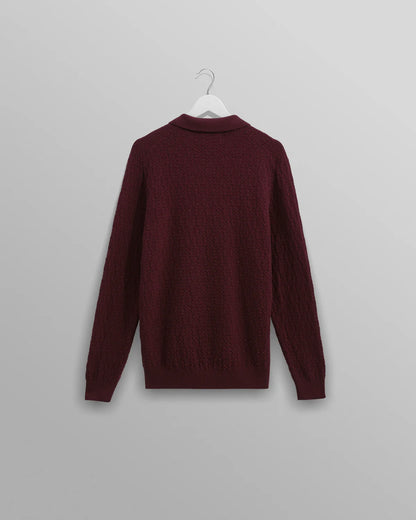 Wax London Oban - Burgundy Textured-Check Knitted Long Sleeve Polo Shirt