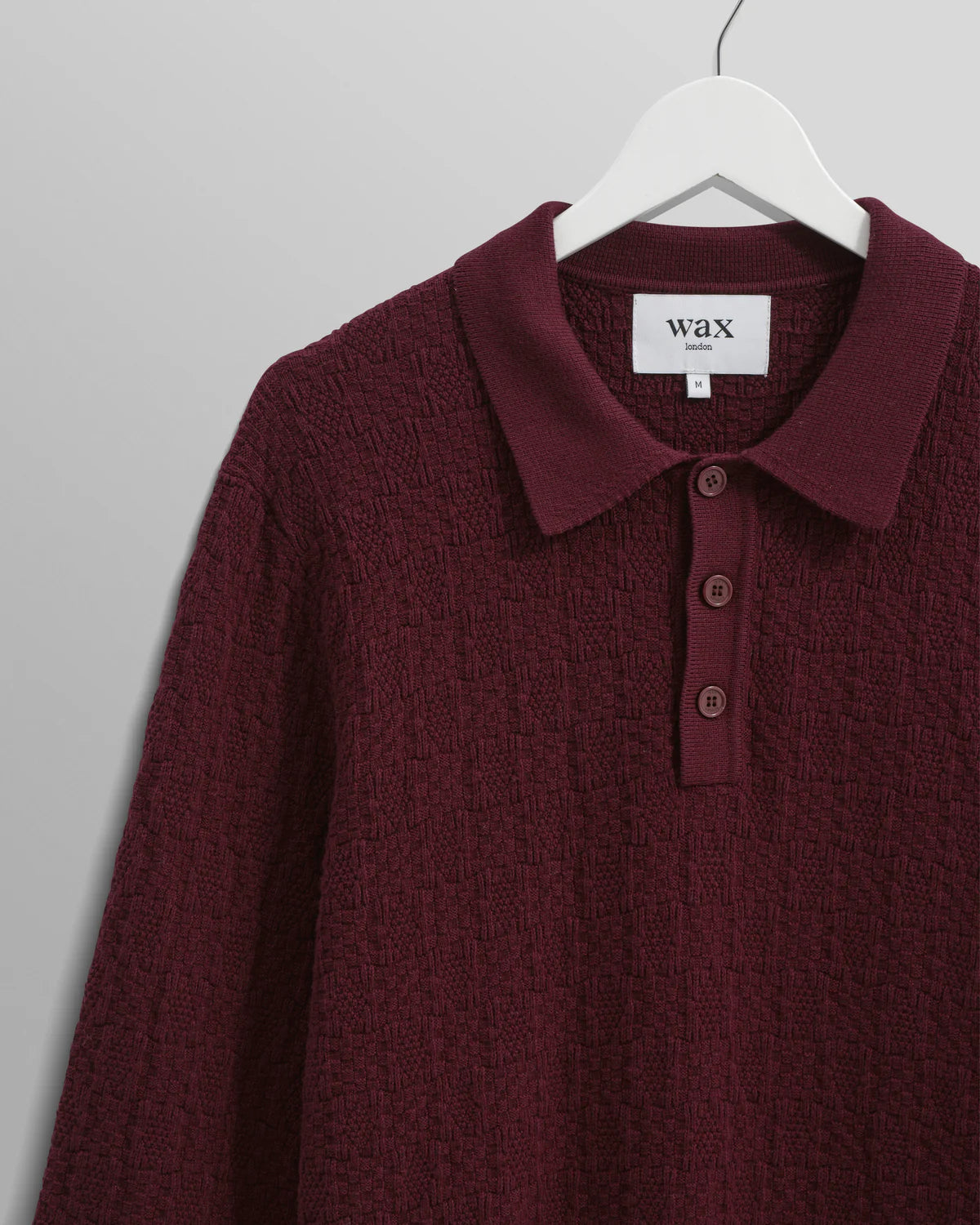 Wax London Oban - Burgundy Textured-Check Knitted Long Sleeve Polo Shirt