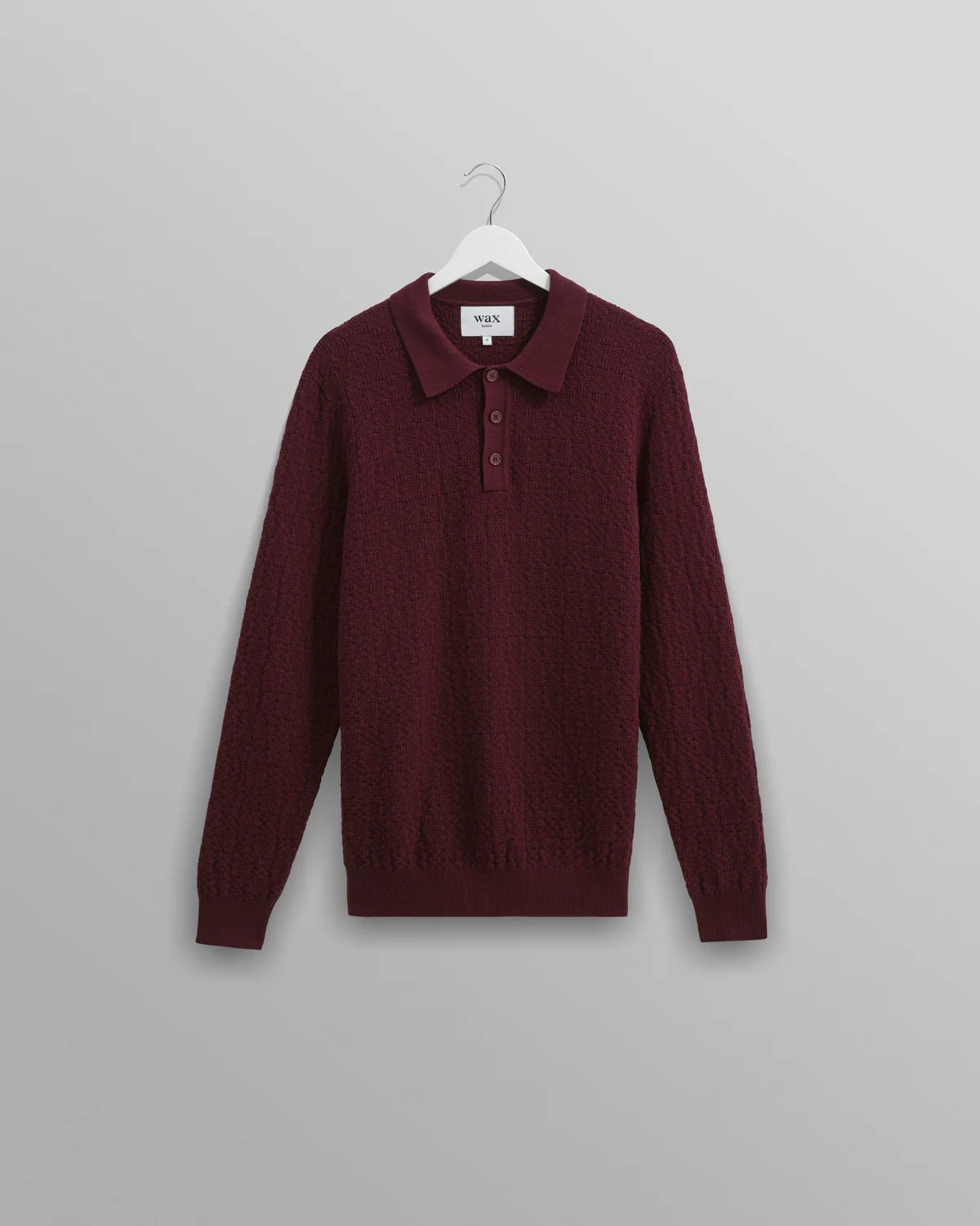 Wax London Oban - Burgundy Textured-Check Knitted Long Sleeve Polo Shirt