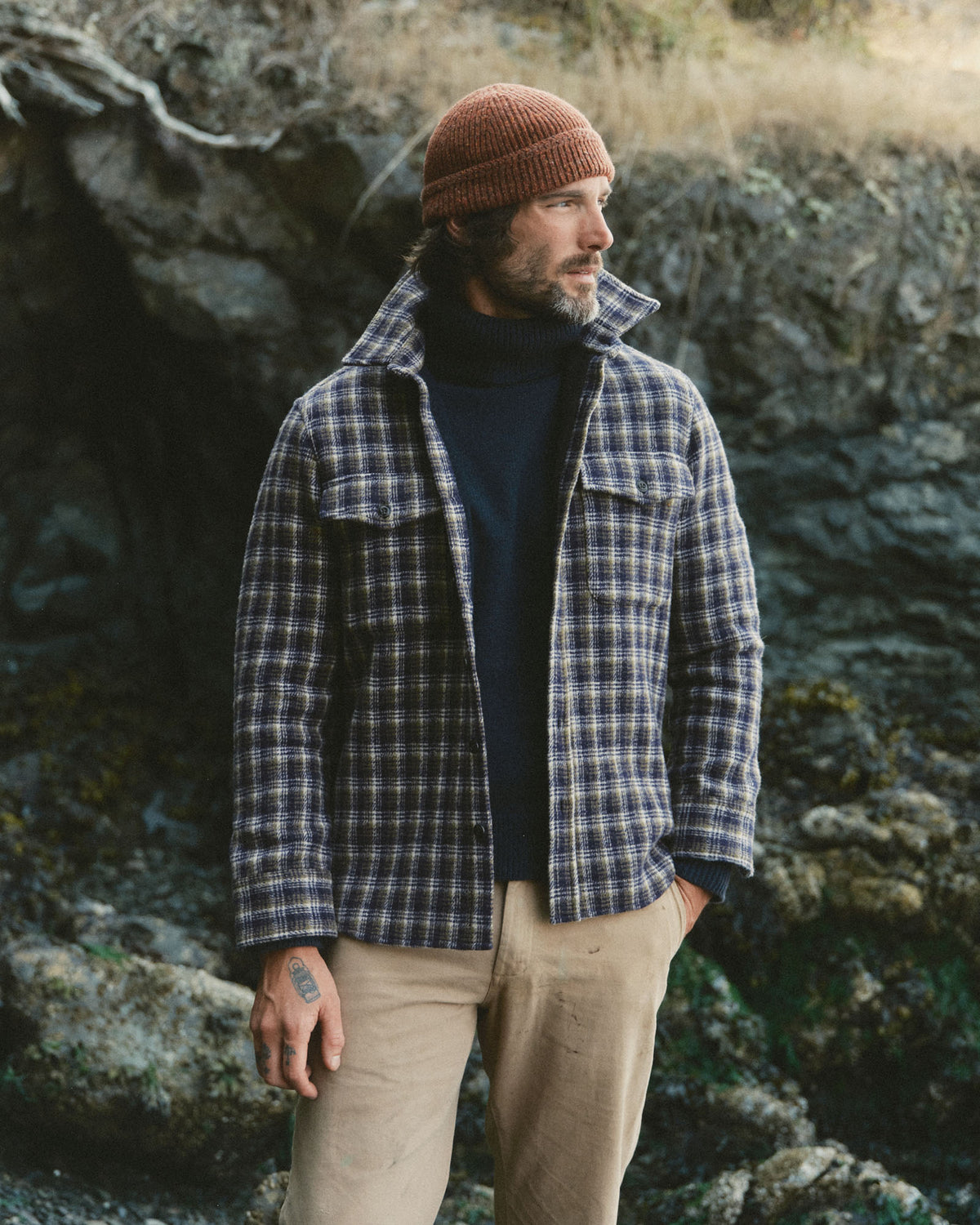 Taylor Stitch The Maritime Shirt Jacket in Navy Shadow Plaid Wool