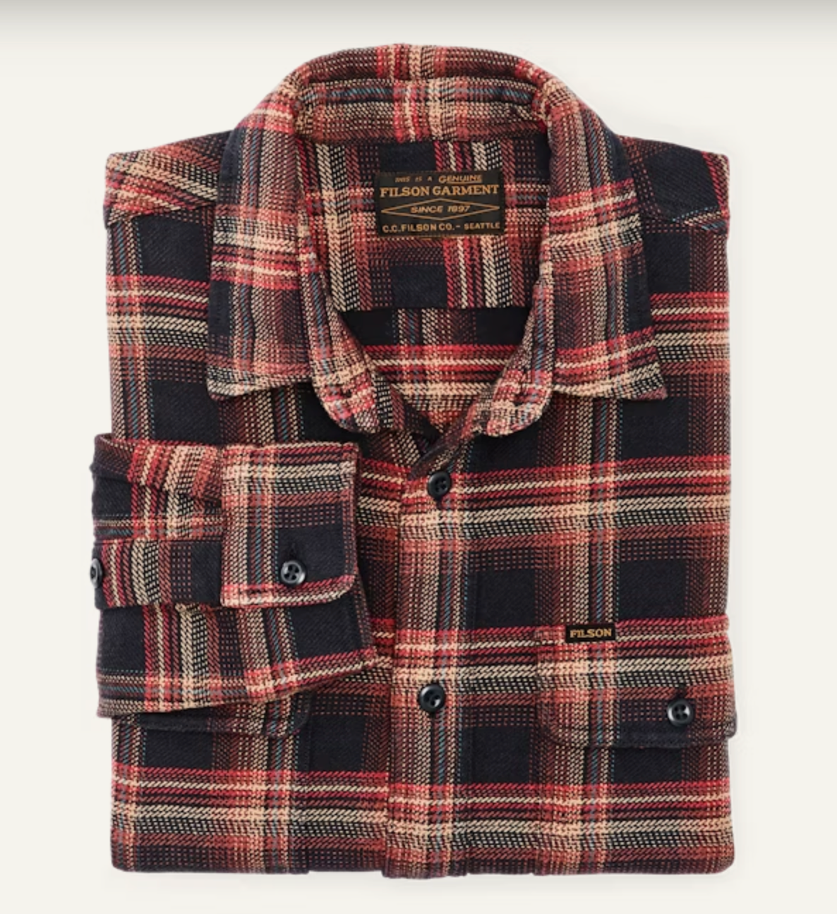 Filson Vintage Flannel Work Shirt Black Rust Multi Plaid