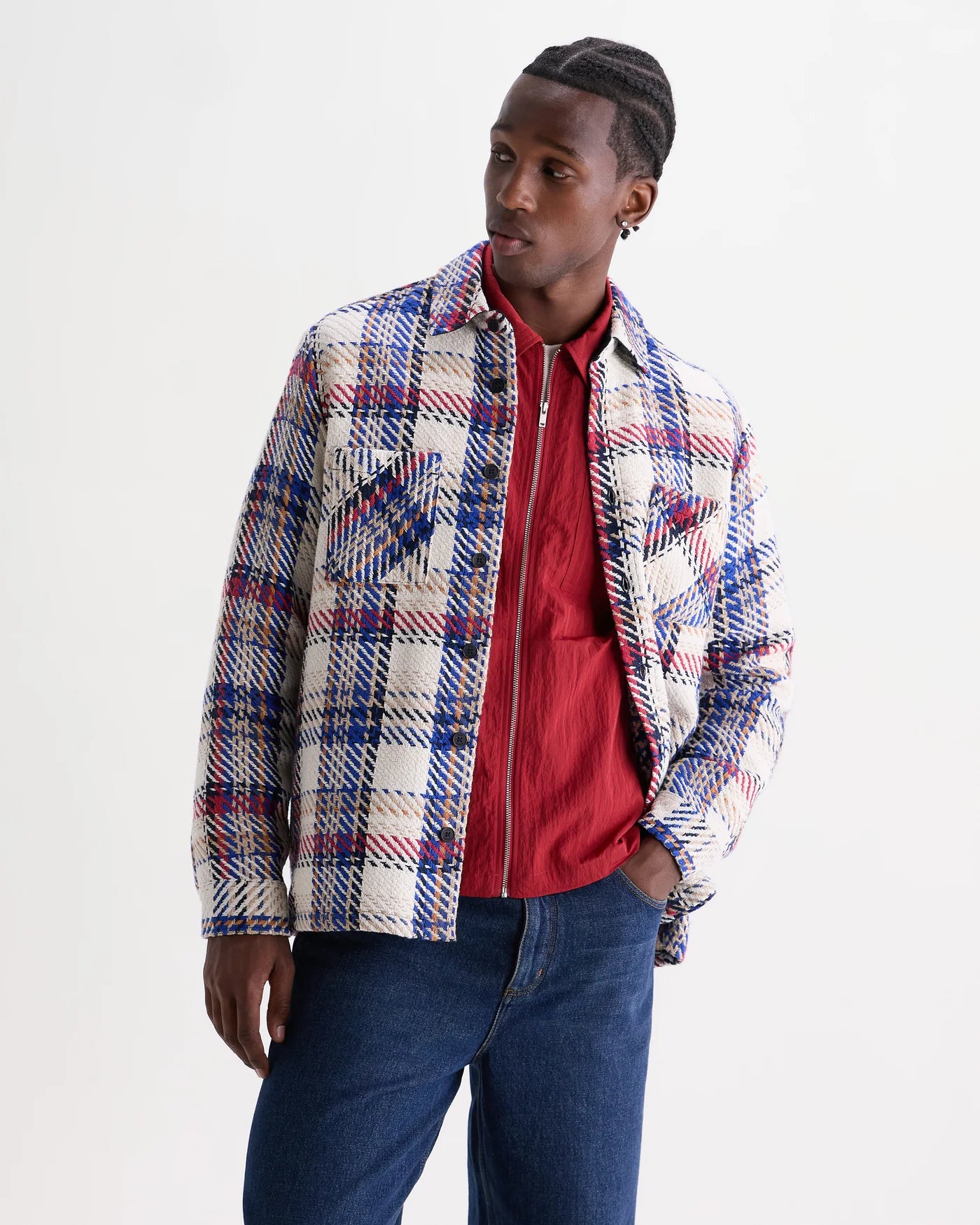 Wax London Whiting Overshirt Ecru And Red Jazz Weave Check