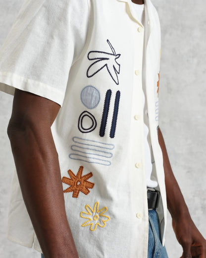 Wax London Didcot Short Sleeve Ecru And Multicolour Abstract Applique