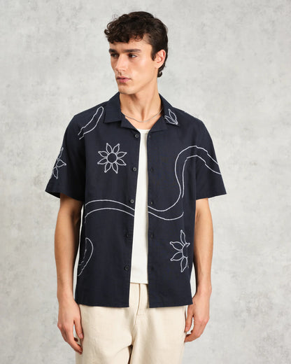 Wax London Didcot Shirt Navy Bold Floral Embroidered
