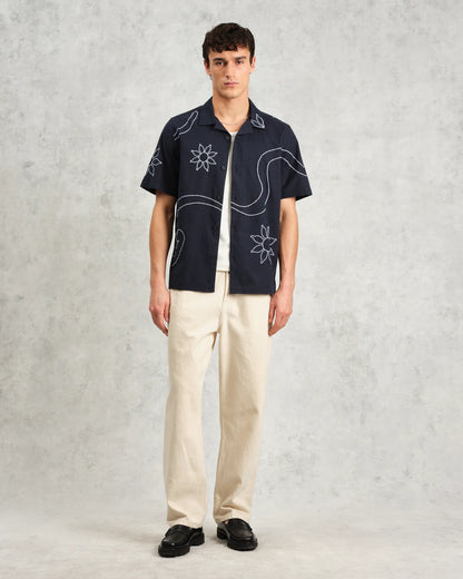 Wax London Didcot Shirt Navy Bold Floral Embroidered