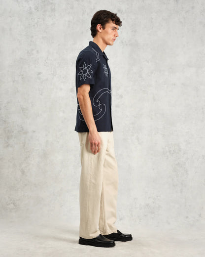 Wax London Didcot Shirt Navy Bold Floral Embroidered