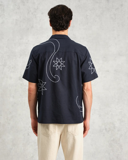 Wax London Didcot Shirt Navy Bold Floral Embroidered