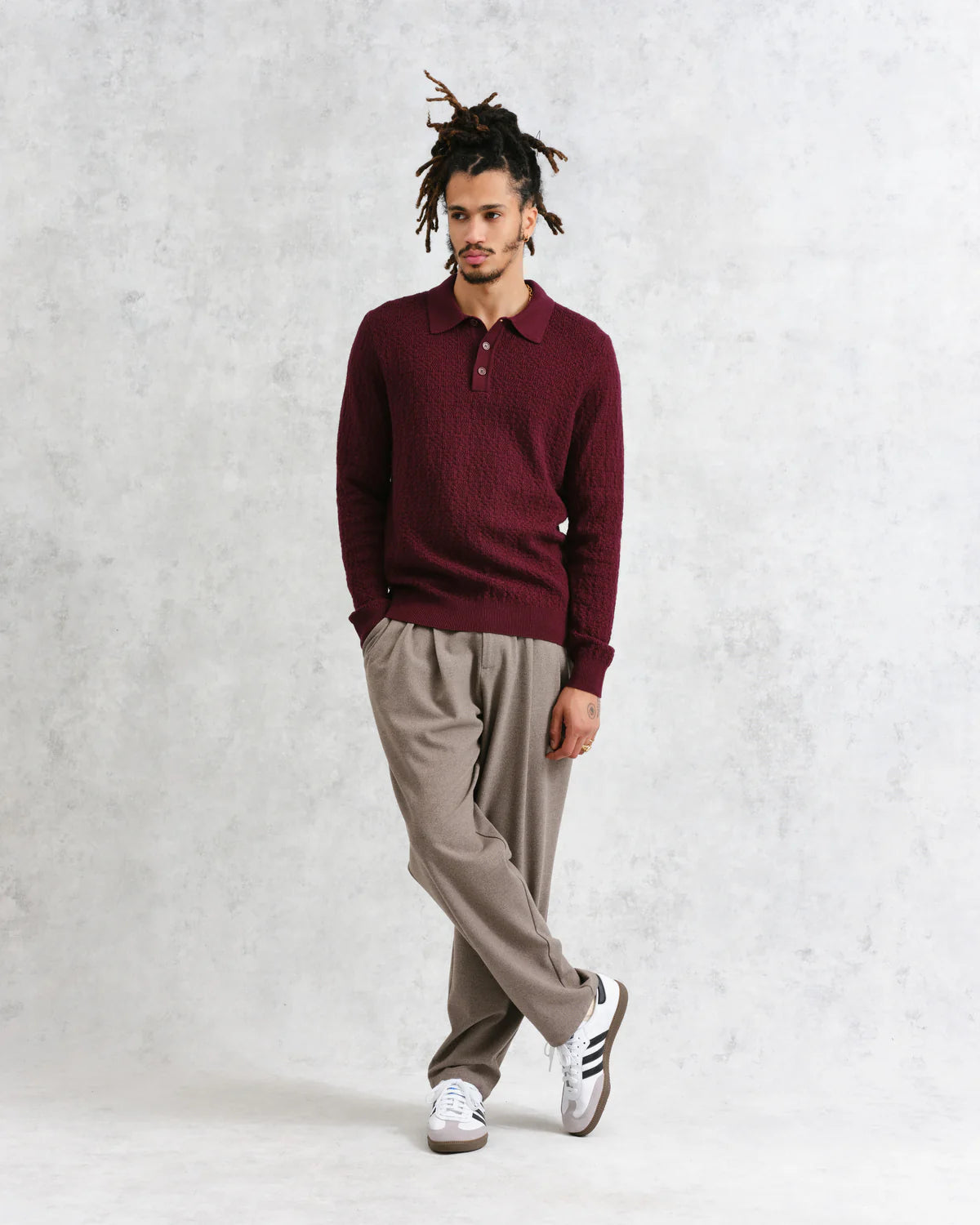 Wax London Oban - Burgundy Textured-Check Knitted Long Sleeve Polo Shirt