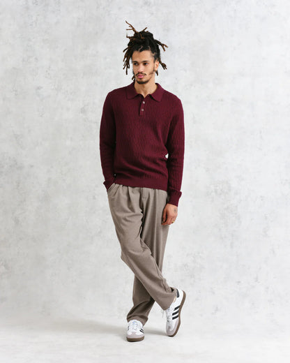 Wax London Oban - Burgundy Textured-Check Knitted Long Sleeve Polo Shirt