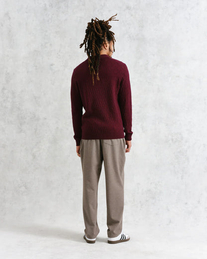 Wax London Oban - Burgundy Textured-Check Knitted Long Sleeve Polo Shirt