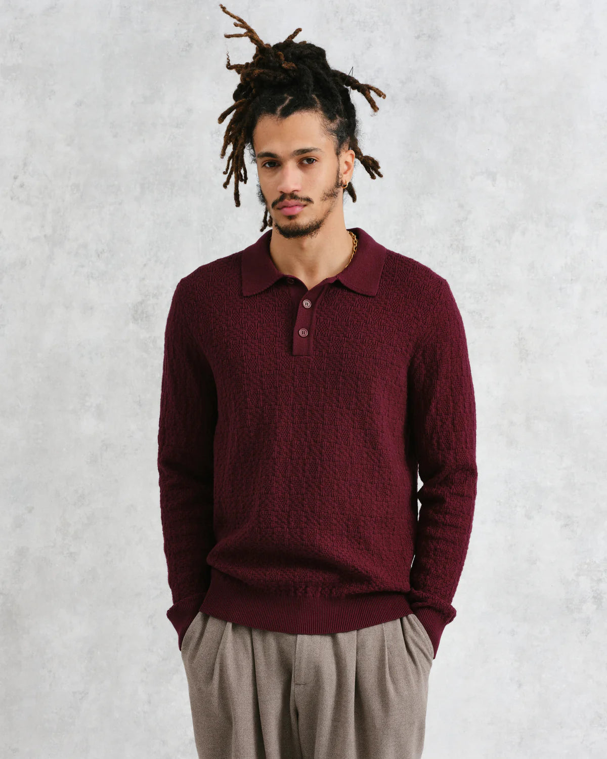 Wax London Oban - Burgundy Textured-Check Knitted Long Sleeve Polo Shirt