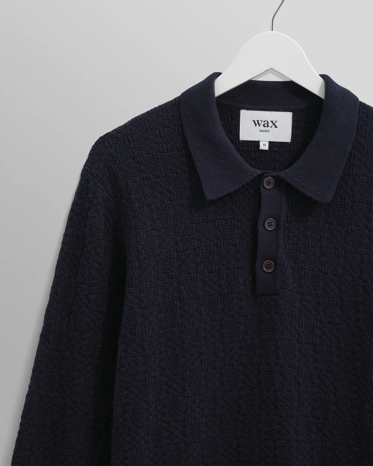 Wax London Oban - Navy Textured-Check Knitted Long Sleeve Polo Shirt