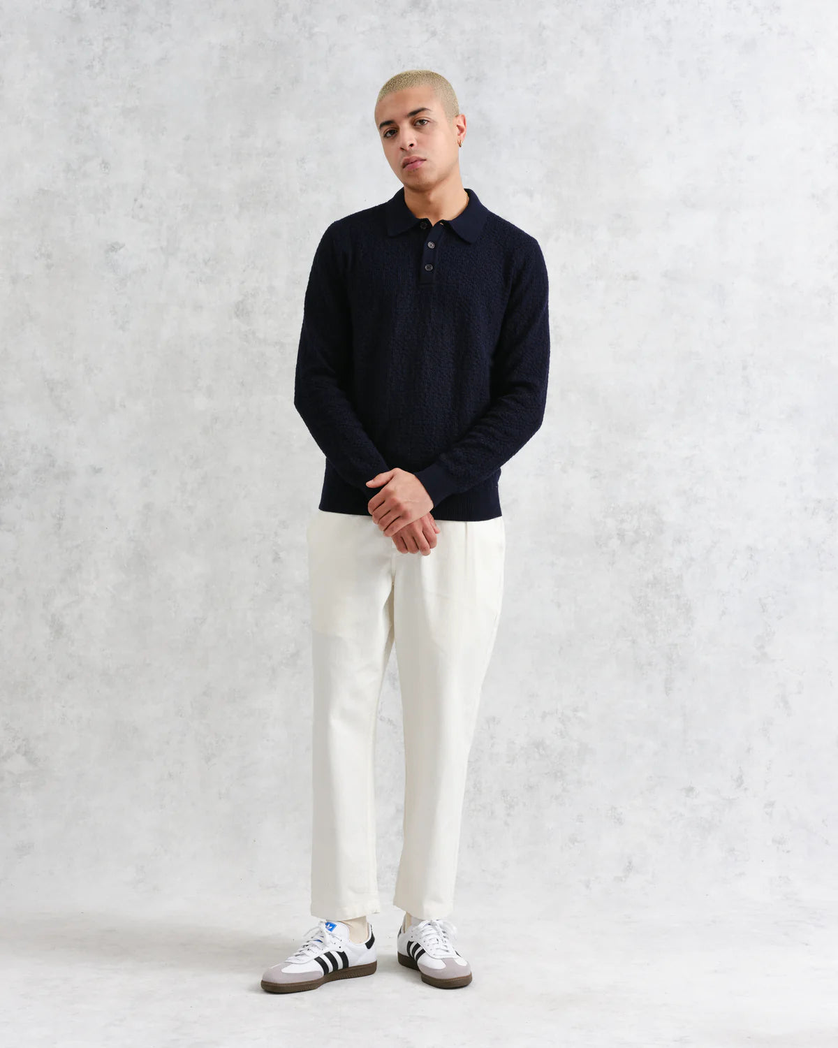 Wax London Oban - Navy Textured-Check Knitted Long Sleeve Polo Shirt