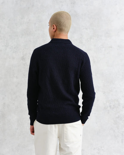 Wax London Oban - Navy Textured-Check Knitted Long Sleeve Polo Shirt