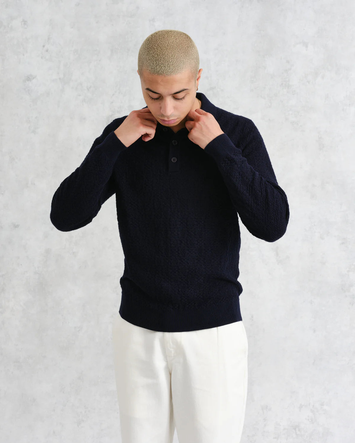 Wax London Oban - Navy Textured-Check Knitted Long Sleeve Polo Shirt