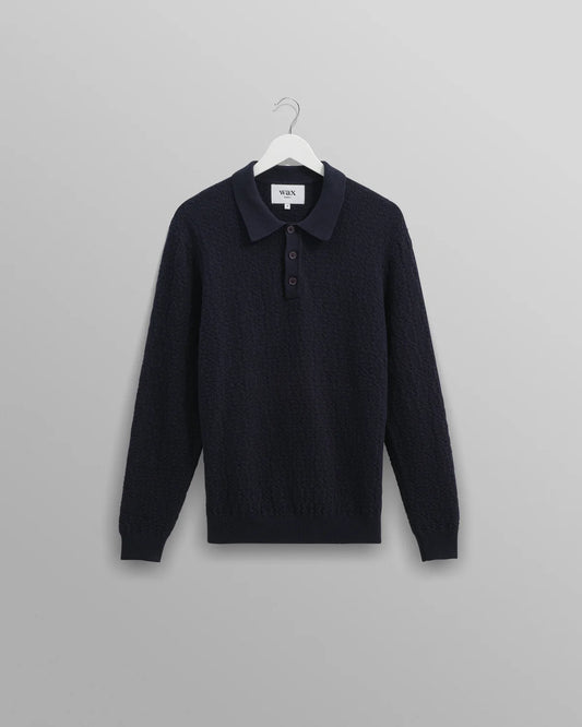 Wax London Oban - Navy Textured-Check Knitted Long Sleeve Polo Shirt