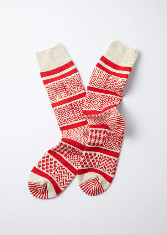 ROTOTO Multi Jacquard Crew Socks Ivory/Red