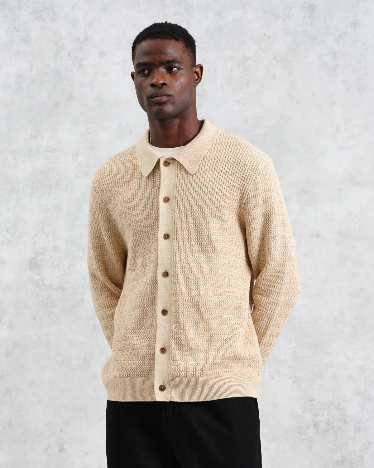 Wax London Tristan Sand Cable Stitch Knitted Shirt