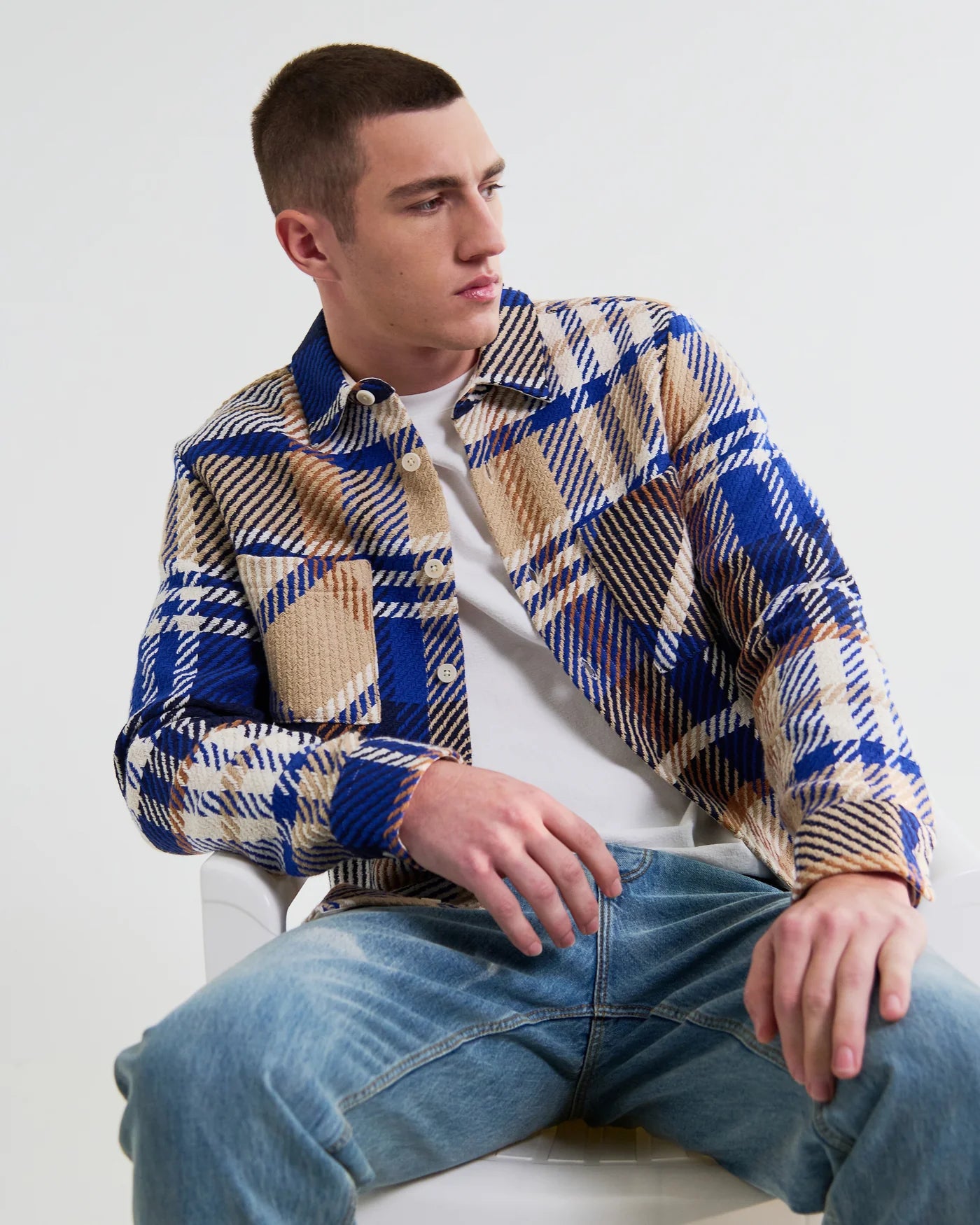 Wax London Whiting Overshirt Blue and Tan Bold Check