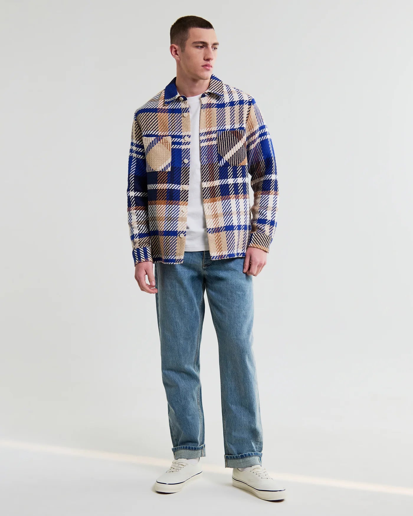 Wax London Whiting Overshirt Blue and Tan Bold Check