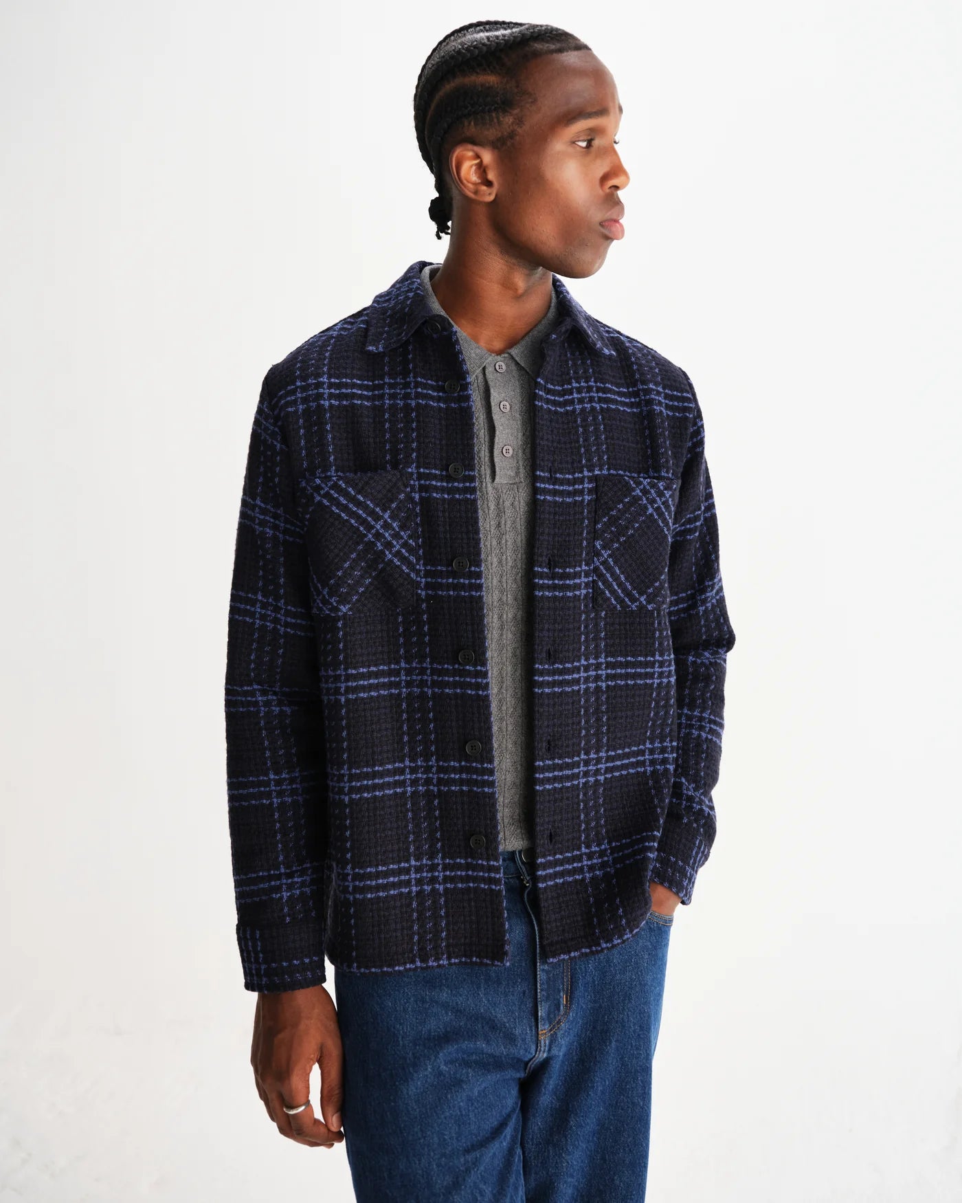 Wax London Whiting Overshirt Navy and Blue Skate Check