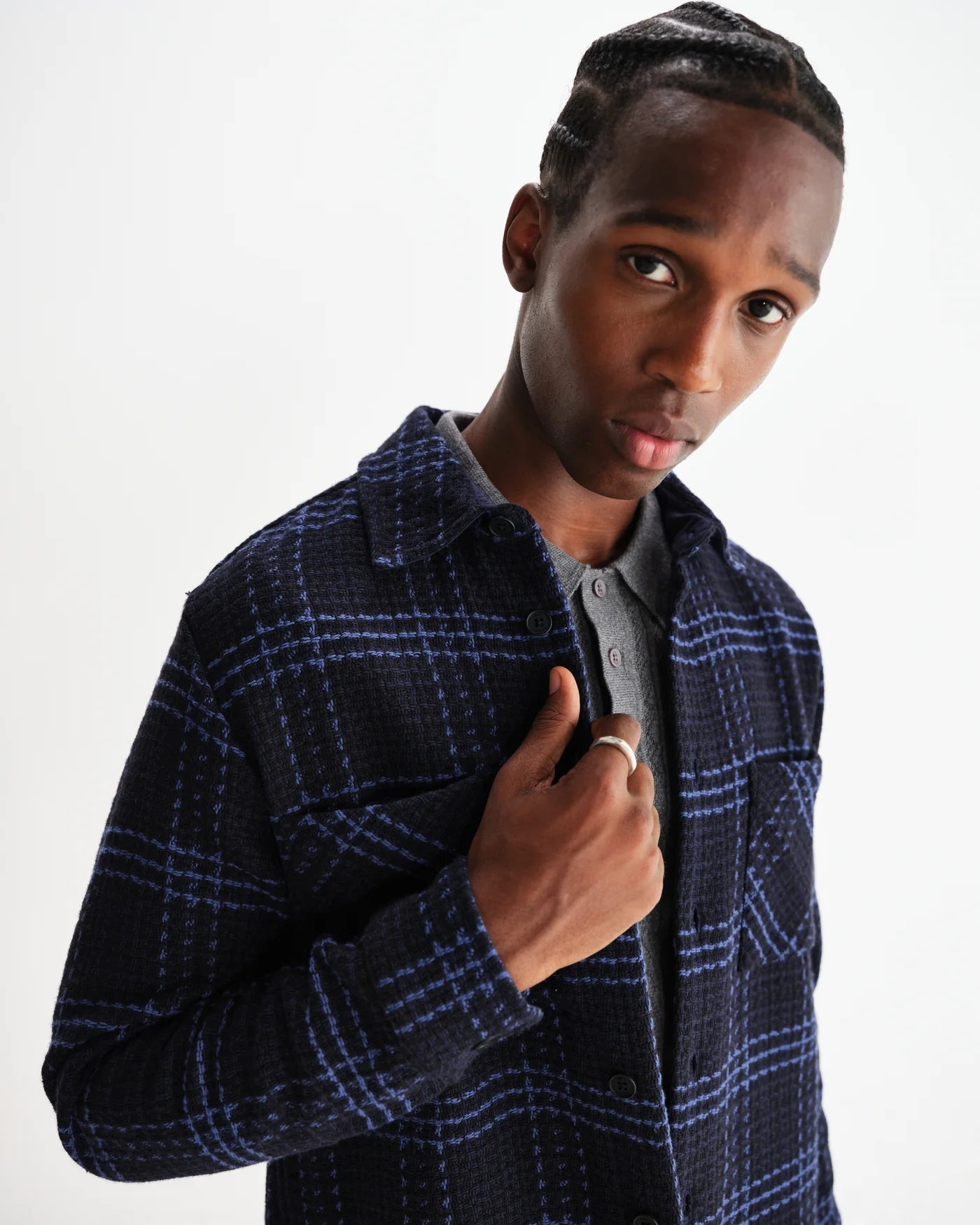 Wax London Whiting Overshirt Navy and Blue Skate Check