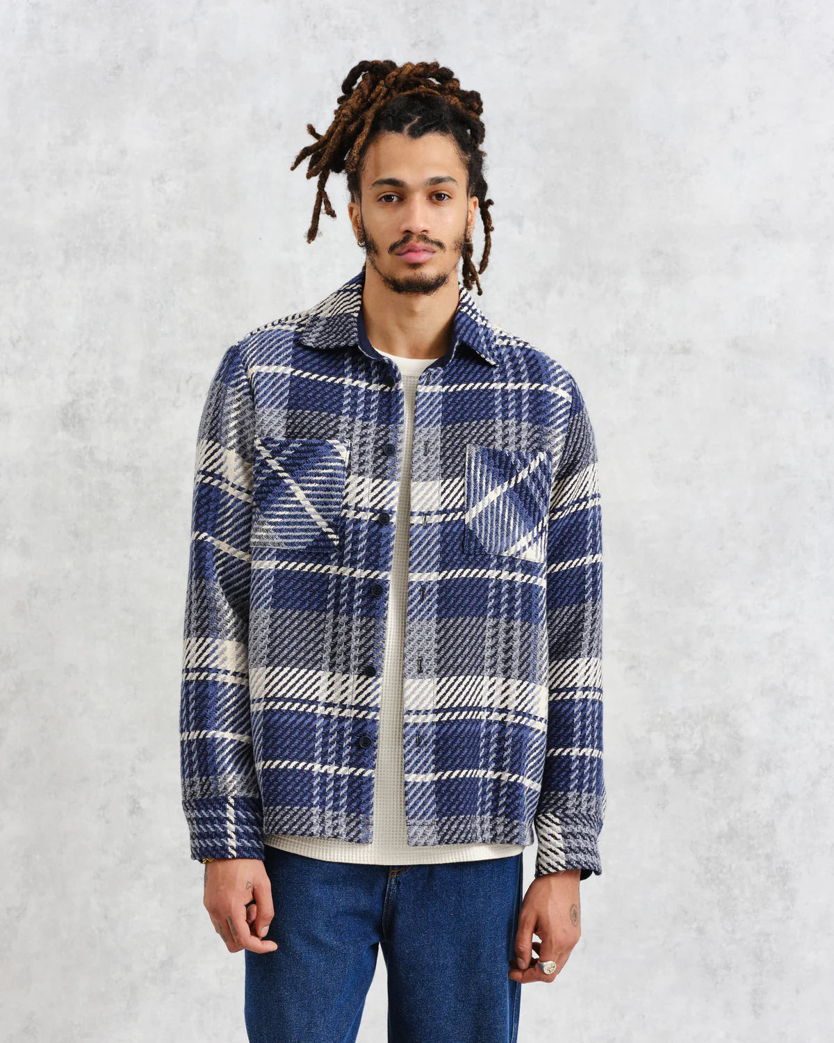 Wax London Whiting Overshirt Navy Spear Check