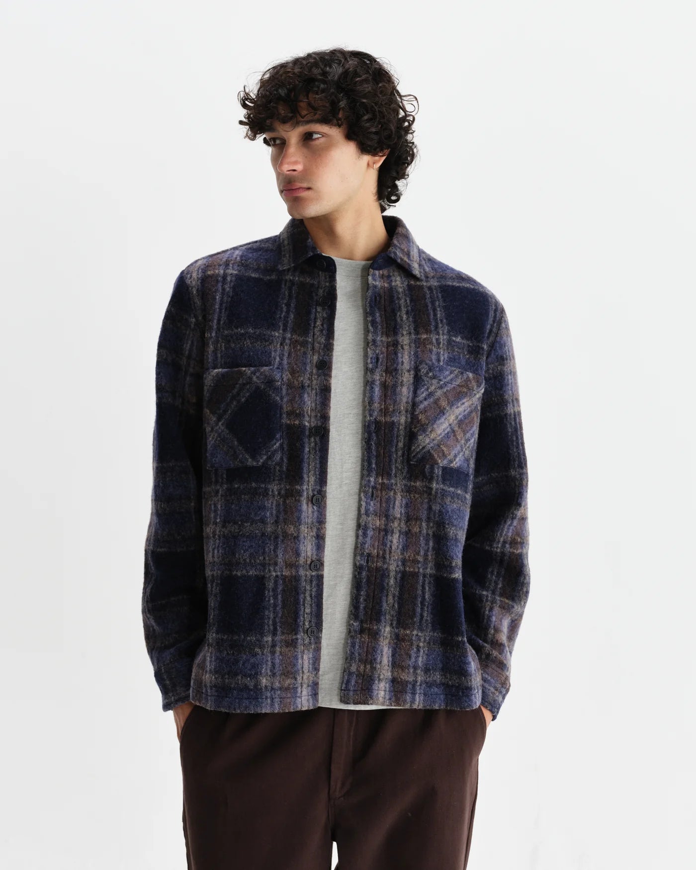 Wax London Whiting Overshirt Navy Wool Blend Check